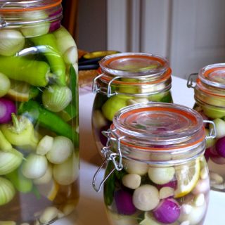 Pickled chilli peppers onions and garlic